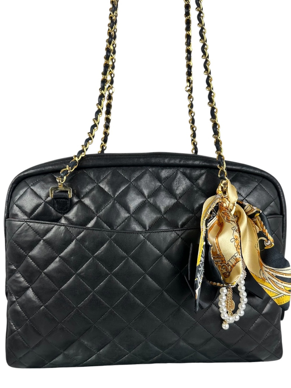 Chanel Quilted Leather Tote Bag Black Gold Chain Strap Crossbody LIVE QUICK LIST